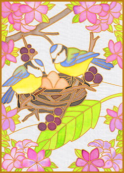 Gutta Printed silk- Birds in Nest design - Approx 20 x 29cm
