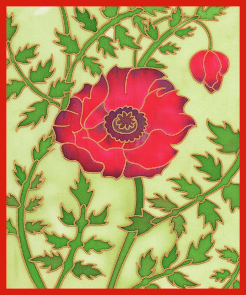 Gutta Printed silk  - Poppy design- Approx 20x 25cm